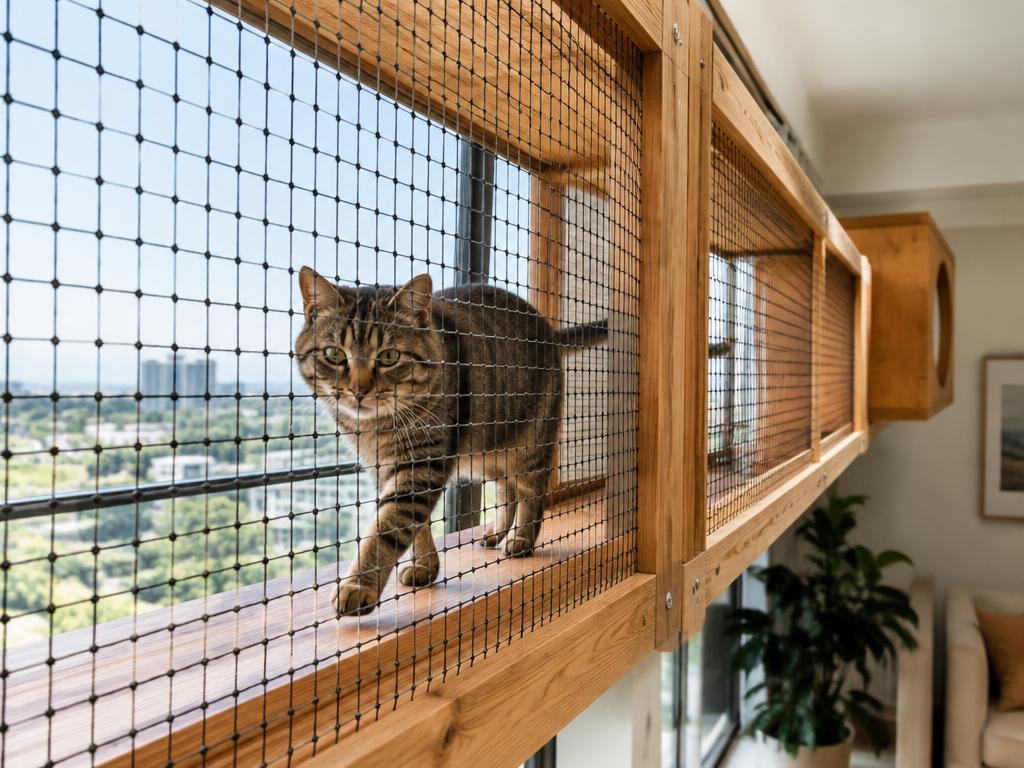 Gati residencial de madeira com tela de proteção